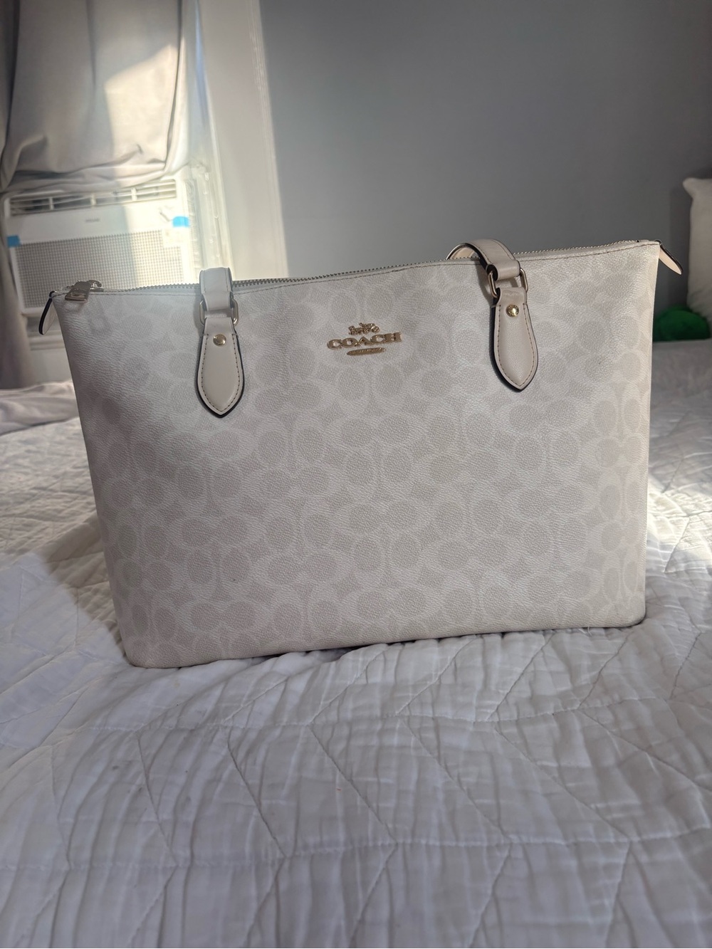 Coach Cream Signature Canvas Tote with Front Zip